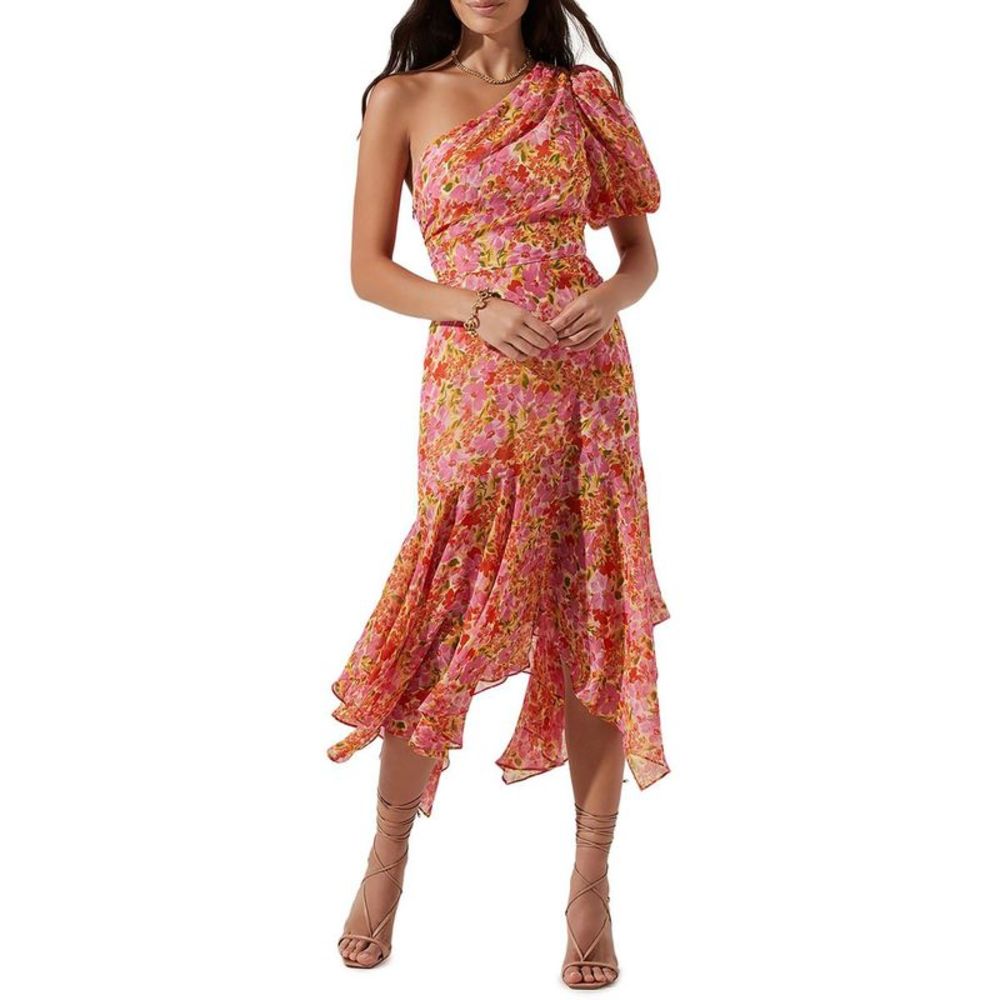Astr One-Shoulder Floral Dress in Pink and Orange
